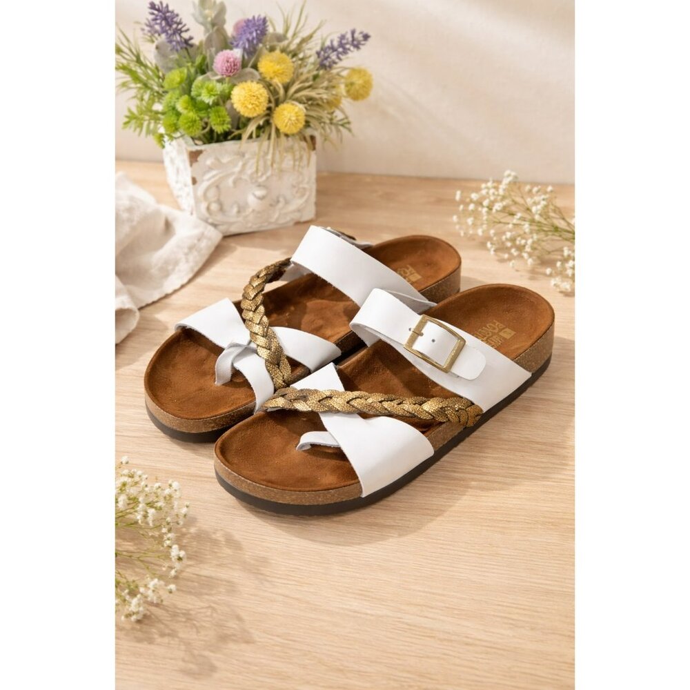 White Mountain Womens Hazy Sandals White & Gold Braided Strap Comfort Footbeds S